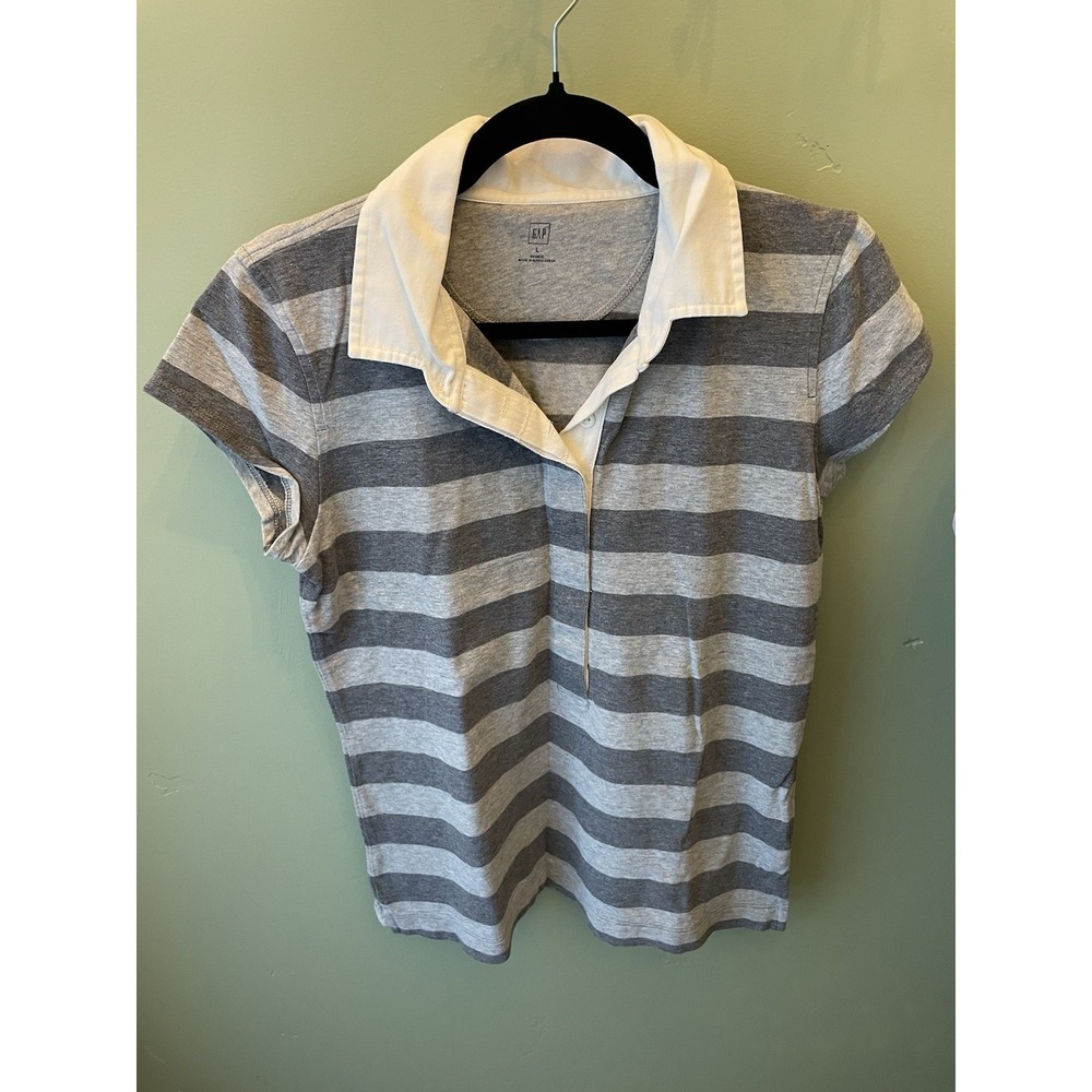Y2K Preppy GAP Women's Striped Polo Shirt Gray/White Short Sleeve Collared Sz L